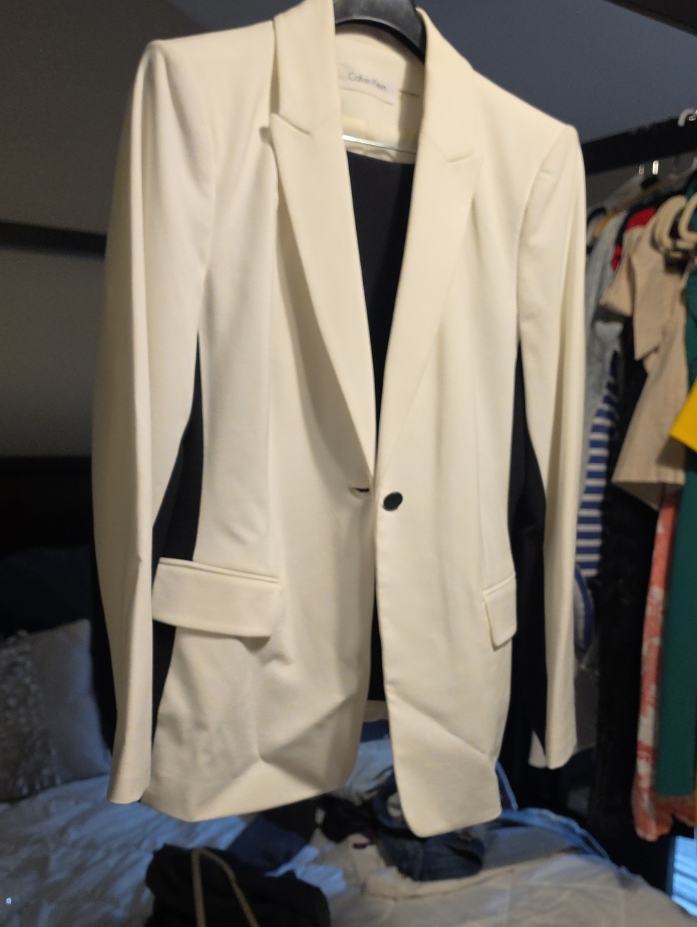 Calvin Klein Ivory Black Colorblock Tuxedo Blazer Jacket & Black Slacks